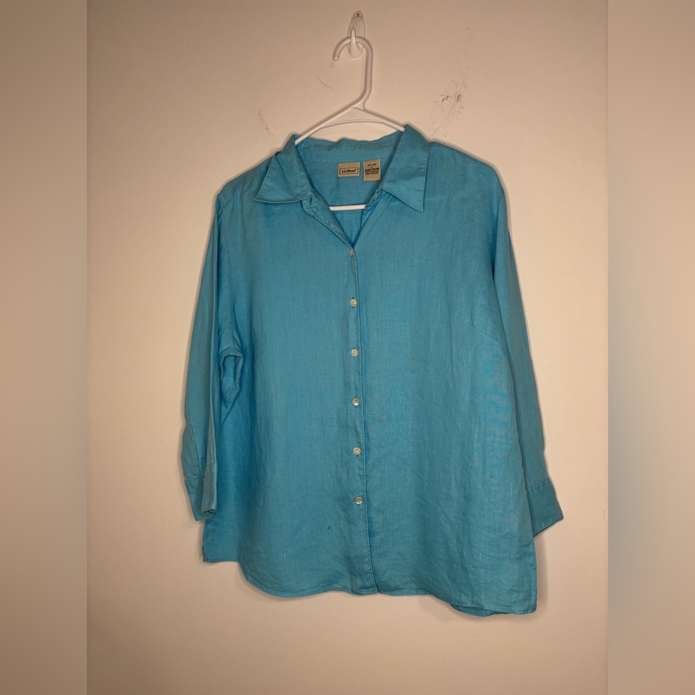 Ll Bean Linen Button Down Shirt 3/4 Sleeves Sz L Blue Preppy Coastal Grandma